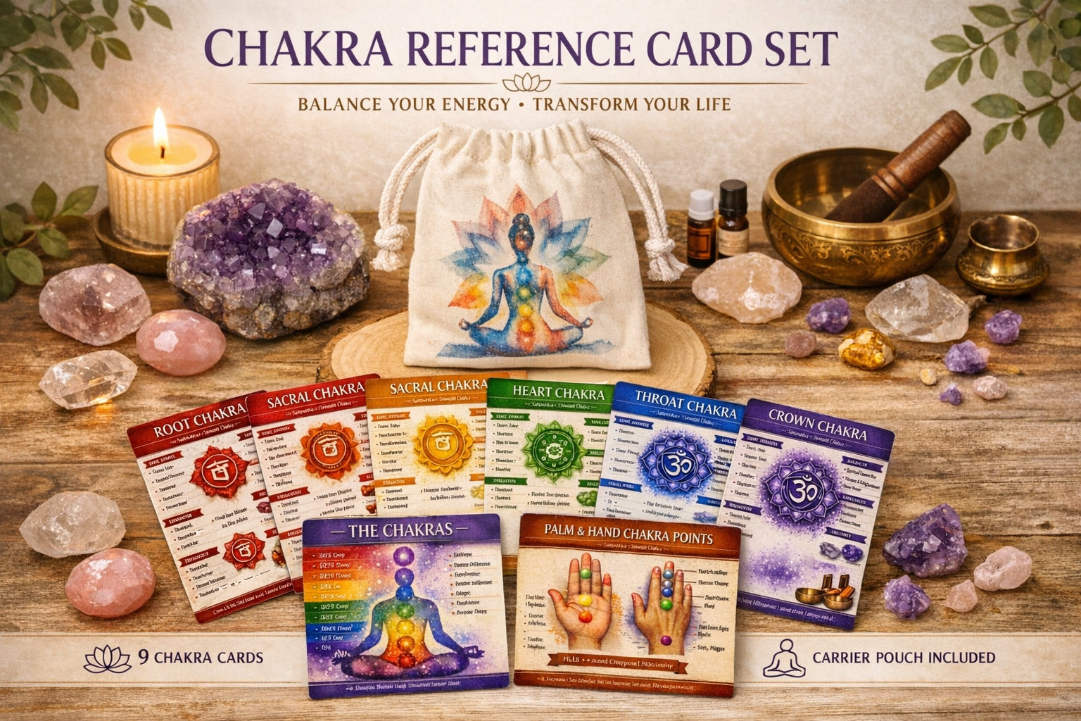 Chakra Reference Cards with Pouch, Laminated Spiritual Healing Guide